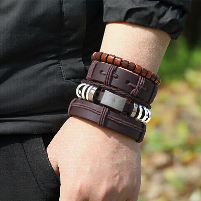 1Pc Cowhide & Imitation Leather Cord Knitted Multi-strand Bracelets AJEW-GF0011-50F-1