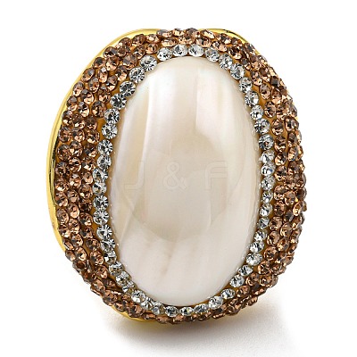 Natural Shell Oval Open Cuff Ring with Rhinestone RJEW-D005-04G-1