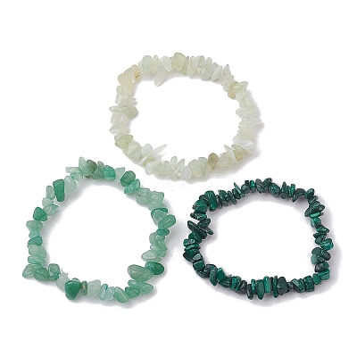 3Pcs Natural Green Aventurine & Natural Prehnite & Natural Malachite Chip Beaded Stretch Bracelet Sets BJEW-JB10862-1