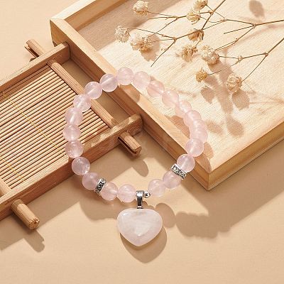 Natural Rose Quartz Round Beaded Stretch Bracelet with Heart Charm BJEW-JB09019-03-1