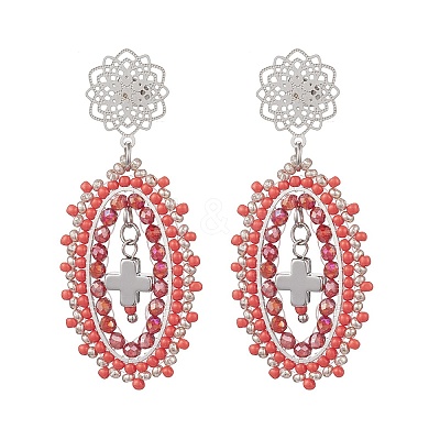 Cross Oval Glass Seed Bead Woven Stud Earrings EJEW-MZ00595-01-1