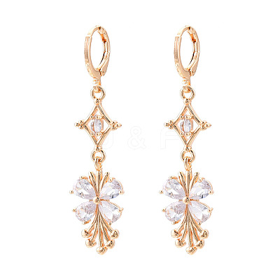 Flower Brass Micro Pave Cubic Zirconia Dangle Leverback Earrings EJEW-N058-13G-1
