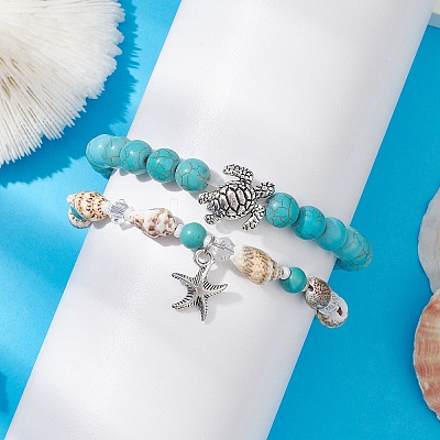 2Pcs 2 Style Synthetic Turquoise & Glass & Shell Stretch Bracelets with Tortoise BJEW-JB10091-02-1
