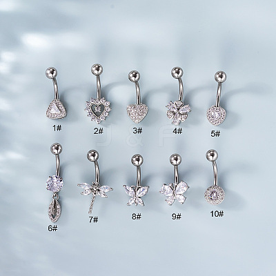 316L Surgical Stainless Steel Clear Cubic Zirconia Curved Barbell Belly Rings WG7644D-04-1