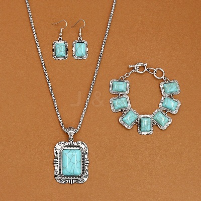 Rectangle Alloy with Synthetic Turquoise Pendant Necklaces & Dangle Earrings & Link Bracelets Sets WGD1135-14-1