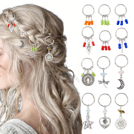 48Pcs 12 Style Natural Labradorite & Cherry Quartz Glass & Aquamarine & Alloy Hair Styling Tools PHAR-FH00003-1