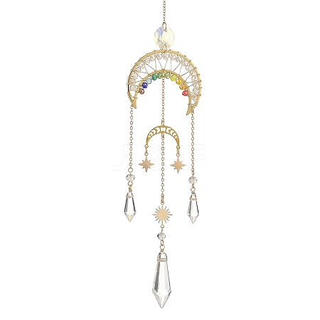 Star Moon Brass & Rainbow Chakra Glass Beads Suncatchers HJEW-TA00502-1