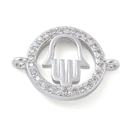 Rack Plating Brass Micro Pave Clear Cubic Zirconia Flat Round with Hamsa Hand Connector Charms KK-A234-039P-1