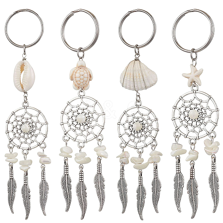 2 Sets Tibetan Style Alloy with Natural Shell & Synthetic Turquoise Keychains KEYC-SP0001-33-1