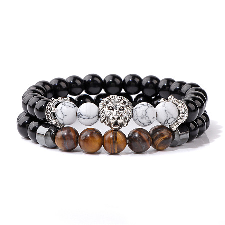 Natural Howlite & Tiger Eye & Obsidian & Synthetic Hematite Stretch Bead Stretch Bracelets IO9425-4-1