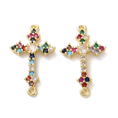 Rack Plating Brass Cubic Zirconia Religion Cross Connector Charm KK-C084-11C-G-1