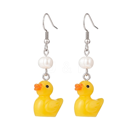 Gold Resin Duck with Natural Pearl Beaded Dangle Earrings EJEW-TA00147-1