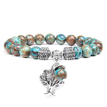 Natural Imperial Jasper Beaded Stretch Bracelet with Alloy Tree of Life Charms PW-WG19782-01-1