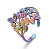 Rainbow Color Ion Plating(IP) 304 Stainless Steel Leaf Wrap Open Cuff Ring for Women RJEW-A005-12-1