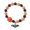 Halloween Theme Baking Paint Glass & Natural Black Onyx(Dyed & Heated) & Synthetic Turquoise Pumpkin Round Beaded Stretch Bracelets BJEW-MZ00188-01-2