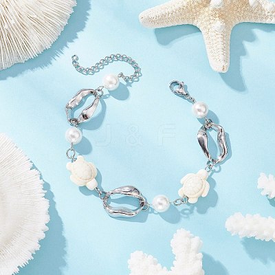 Synthetic Turquoise Tortoise & Shell Pearl & 304 Stainless Steel Oval Link Bracelets for Women BJEW-JB12173-01-1