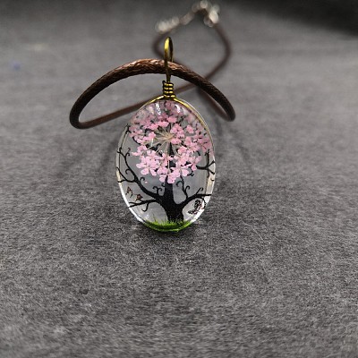 Alloy Wire Wrapped Oval Glass Inner Dried Flower Tree Pendant Waxed Cord Necklaces for Women FS-WG6B63C-15-1