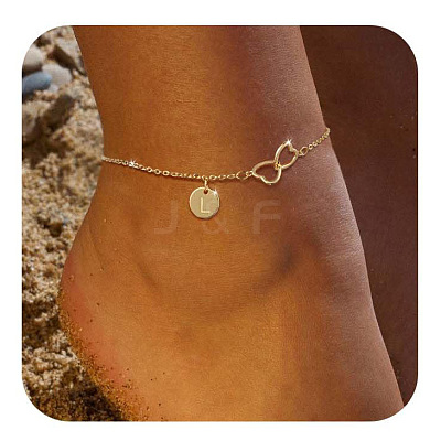 Brass Double Heart Link Flat Round Initial Charm Anklets for Women FS-WGA84B7-15-1