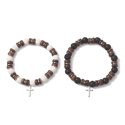 2Pcs Adjustable Natural Coconut & Lava Rock & Synthetic Lava Rock Beads Stretch Bracelets BJEW-JB13285-1