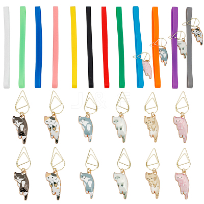 24Pcs 2 Styles Silicone Bands Bookmark & Alloy Cat Paper Clips Sets AJEW-DR00015-1