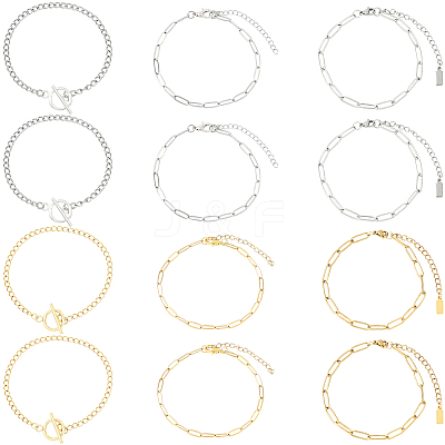 12Pcs 6 Styles 304 Stainless Steel Chains Bracelets for Men Women BJEW-SC0001-64-1