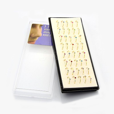 40Pcs 316L Surgical Stainless Steel Rhinestone Hoop Nose Rings AJEW-P001-03-1