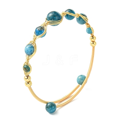 Herringbone Wire-Wrapped Natural Apatite Brass Cuff Bangles BJEW-JB14039-01-1