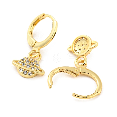 Planet Shape Rack Plating Brass Micro Pave Cubic Zirconia Dangle Leverback Earrings EJEW-P240-06G-1