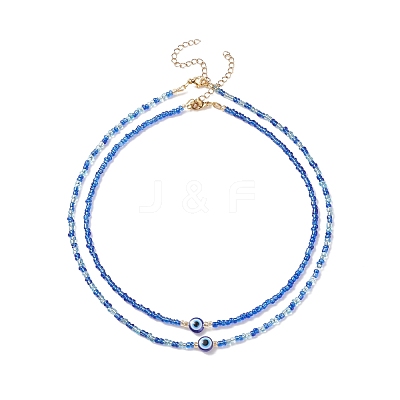 2Pcs 2 Style Resin Evil Eye & Glass Seed Beaded Necklaces Set for Women NJEW-JN03939-1