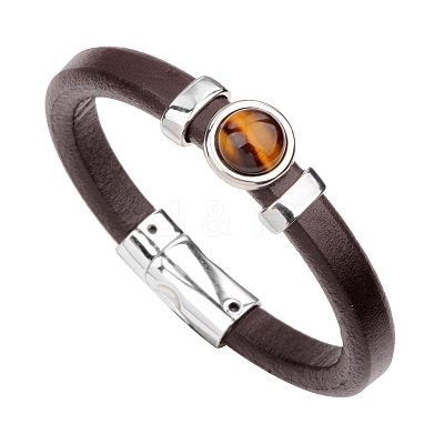 Natural Tiger Eye Flat Round Link Bracelet with Imitetion Leather Cords and Metal Magnetic Clasps PW-WG93132-01-1