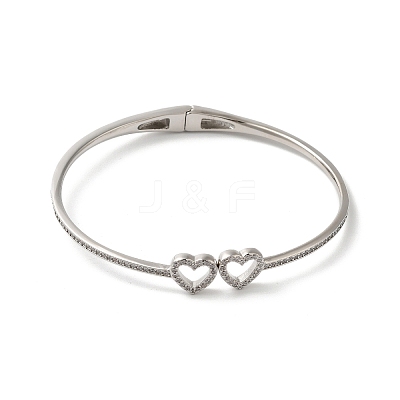 Rack Plating Brass Micro Pave Clear Cubic Zirconia Hollow Double Heart Hinged Bangles BJEW-H616-02P-1