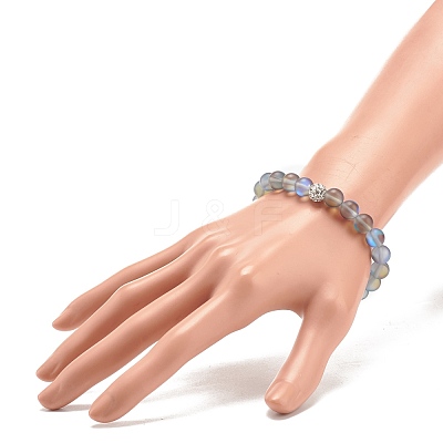 Synthetic Moonstone Round Beaded Stretch Bracelet with Rhinestone BJEW-JB07875-1