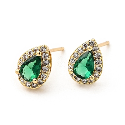 Green Cubic Zirconia Teardrop Stud Earrings EJEW-F288-20G-1