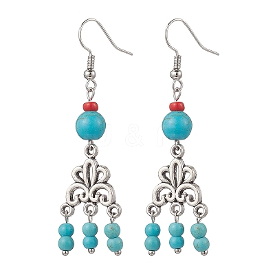 Tibetan Style Alloy Synthetic Turquoise Flower Dangle Earrings EJEW-JE06575-2-1