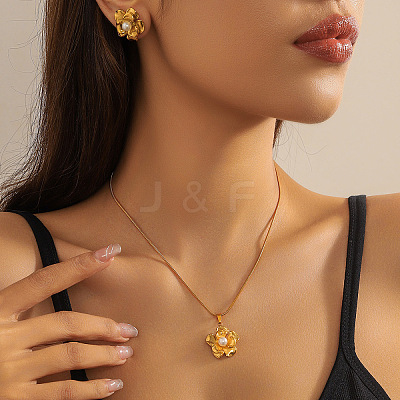 304 Stainless Steel with Plastic Pearl Pendant Necklace & Stud Earring FS-WG92D8A-02-1