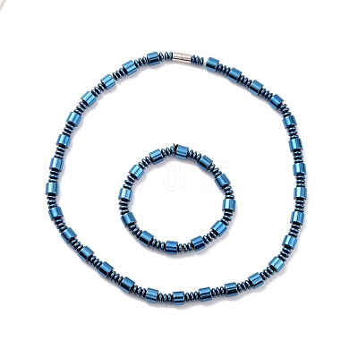 Synthetic Hematite & Brass Column Beaded Necklace Bracelet with Magnetic Clasps SJEW-G079-01A-1