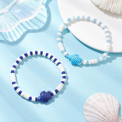 2Pcs Tortoise Handmade Porcelain & Glass Seed Beaded Bracelet Sets BJEW-JB12654-1