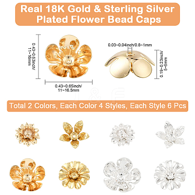 48Pcs 8 Style Flower Brass Bead Caps Sets KK-BBC0021-16-1