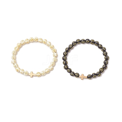 2Pcs 2 Colors Plating Acrylic Round Beads Stretch Bracelets for Men Women BJEW-JB12080-1