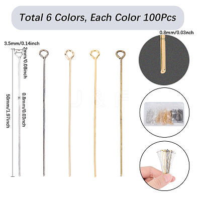 600Pcs 6 Color Brass Eye Pins KK-SP0002-38-1
