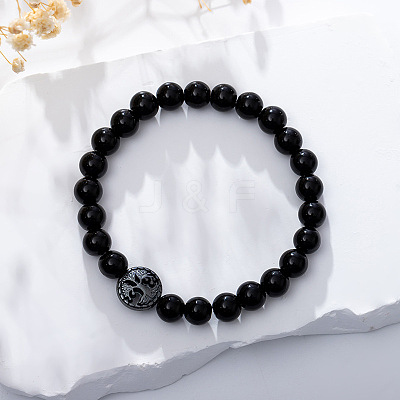 Natural Obsidian Stretch Bracelet with Tree of Life HV5318-6-1