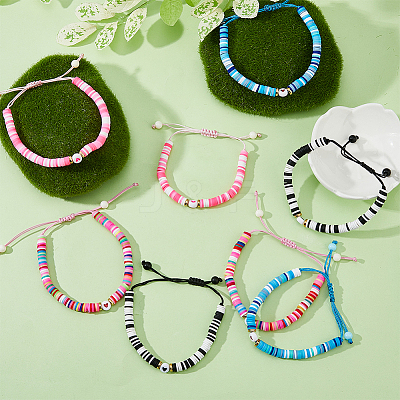 4 Sets 4 Color Polymer Clay Heishi Surfer Braided Bead Bracelets Set BJEW-FI0001-68-1