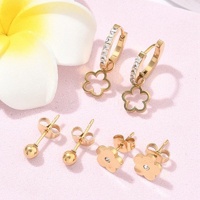 304 Stainless Steel Rhinestone Flower & Round Earring Sets EJEW-Z098-12G-1