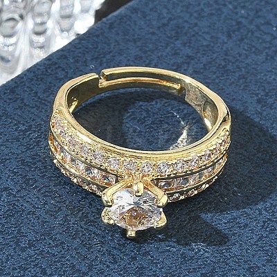Adjustable Brass Finger Rings with Round Cubic Zirconia Center & Baguette Accents for Women CU-CBA7E55-16G-1