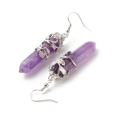 Gemstone Bullet with Flower Dangle Earrings EJEW-G300-02P-1
