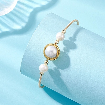 Natural Cultured Freshwater Pearl & Non-magnetic Synthetic Hematite Beaded Cuff Bangles for Women BJEW-JB14020-1