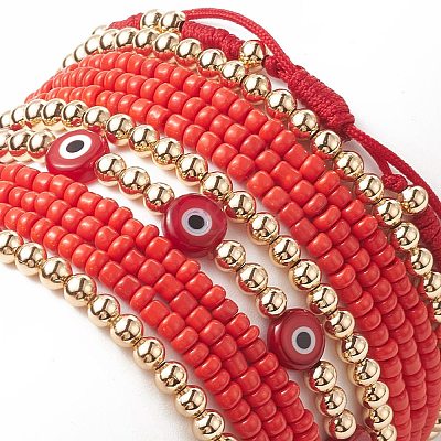 7Pcs 7 Style Evil Eye Lampwork & Glass Seed & Brass Beaded Stretch Bracelets Set for Women BJEW-JB09249-01-1