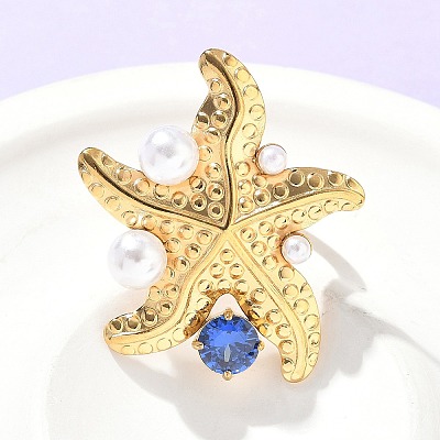 304 Stainless Steel Micro Pave Cubic Zirconia Plastic Pearl Cuff Rings RJEW-D310-02C-G-1