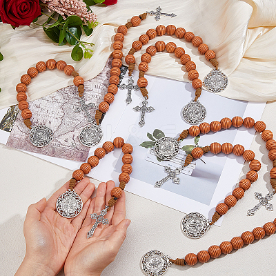 8Pcs Natural Wood Beehive Shaped Beads with Alloy Pendant Display Decorations HJEW-FH00273-1
