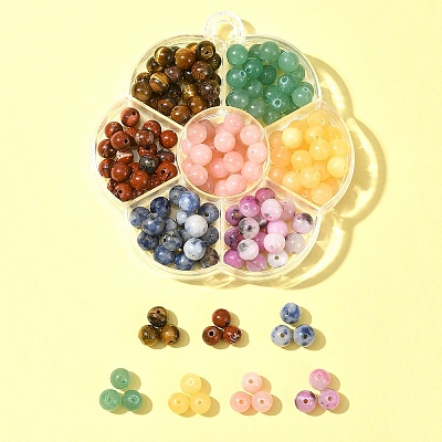 175Pcs 7 Styles Round Natural Tiger Eye & Green Aventurine & Red Jasper & Topaz Jade & Dyed Persian Jade & Blue Spot Jasper & Yellow Jade Box Sets DIY-FS0007-08-1